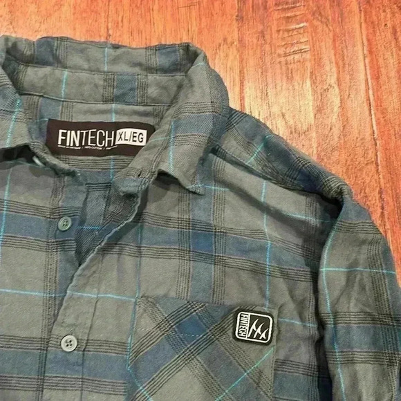 XL FINTECH Blue / Dark Green Checkered Button Down Shirt - Picture 4 of 8